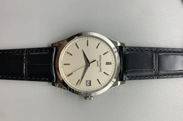 Patek Philippe Calatrava 5296G-010 Replica 38mm men's automatic watch with ivory white dial and black leather strap