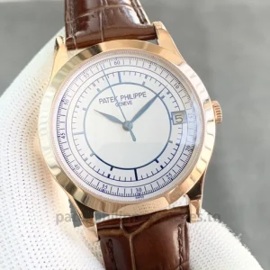 Patek Philippe Calatrava 5296R-001 Replica Watch – 38mm Sector Dial, Sapphire Crystal, Brown Leather StrapFront view2