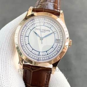 Patek Philippe Calatrava 5296R-001 Replica Watch – 38mm Sector Dial, Sapphire Crystal, Brown Leather StrapFront view3
