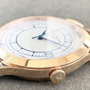Patek Philippe Calatrava 5296R-001 Replica Watch – 38mm Sector Dial, Sapphire Crystal, Brown Leather StrapLeft case profile
