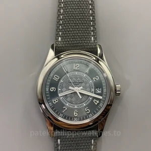 Patek-Philippe-Calatrava-6007A-001-Replica-40mm-Mens-Luxury-Automatic-Watch-with-Grey-Blue-Dial-Carbon-Fiber-Style-Pattern-Front-View
