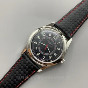 Patek-Philippe-Calatrava-6007G-010-Replica-40mm-Mens-Modern-Sport-Dress-Watch-with-Black-Textured-Dial-Red-Accents-Dial-Detail-2