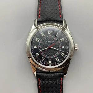 Patek-Philippe-Calatrava-6007G-010-Replica-40mm-Mens-Modern-Sport-Dress-Watch-with-Black-Textured-Dial-Red-Accents-Front-View