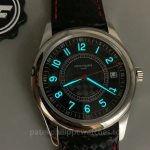 Patek-Philippe-Calatrava-6007G-010-Replica-40mm-Mens-Modern-Sport-Dress-Watch-with-Black-Textured-Dial-Red-Accents-Luminescence