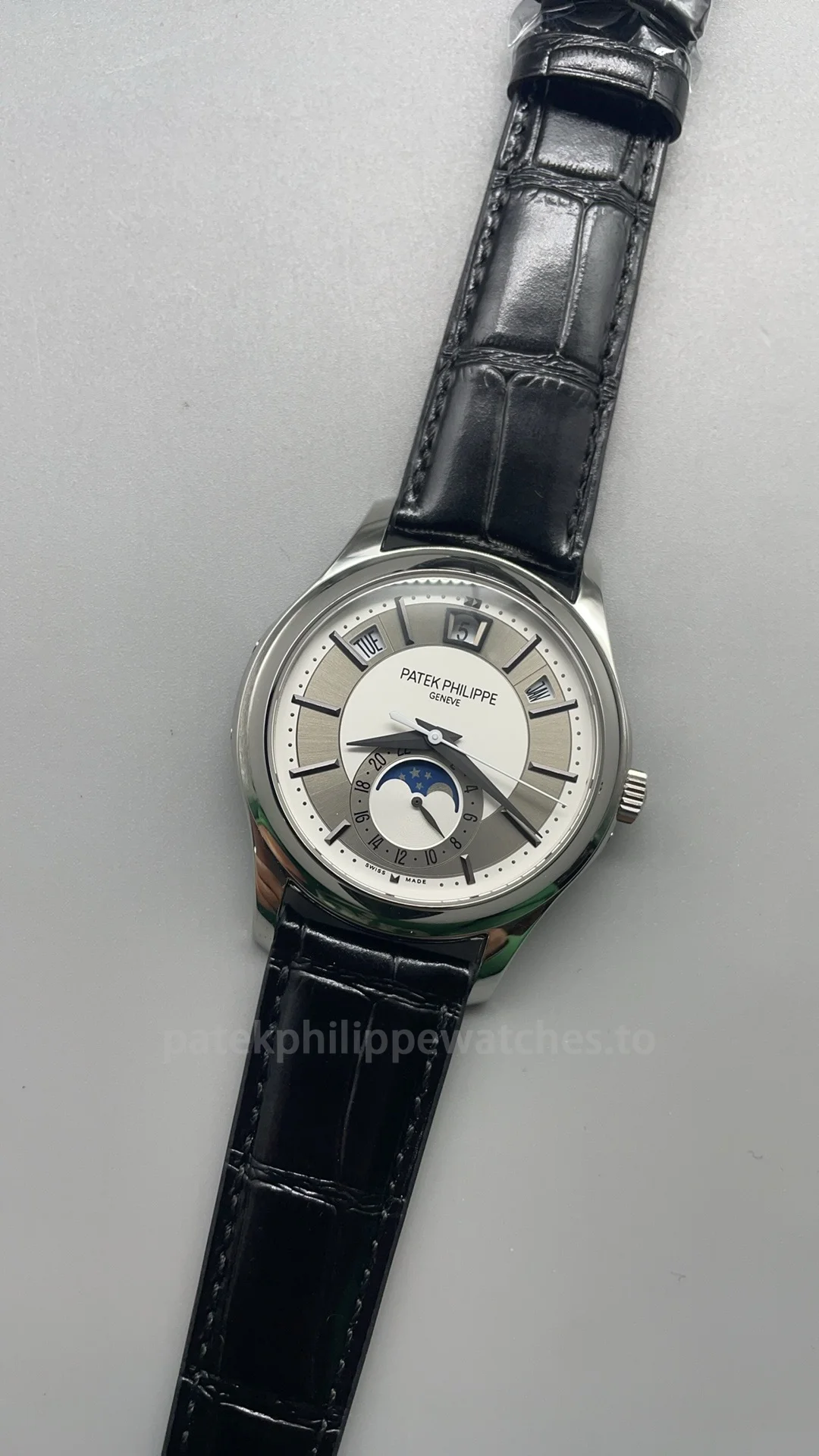 Patek Philippe Complications 5205G-001 Replica 40mm Automatic Men's Annual Calendar Dress Watch with Silver & Rhodium Dial-Dial Detail 1 Patek-Philippe-Complications-5205G-001-Replica-40mm-Automatic-Mens-Annual-Calendar-Dress-Watch-with-Silver-Rhodium-Dial-Dial-Detail-1