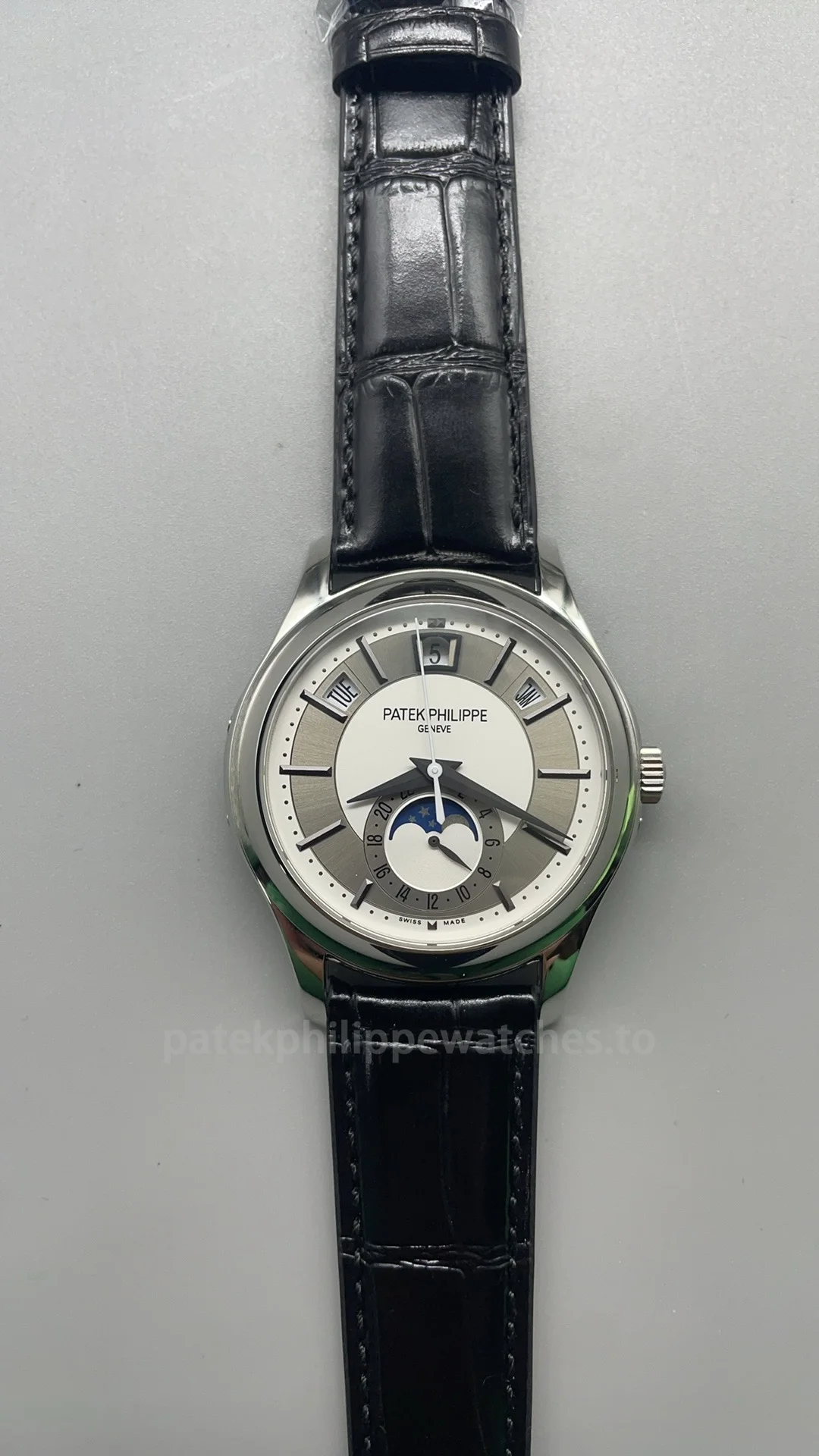 Patek Philippe Complications 5205G-001 Replica 40mm Automatic Men's Annual Calendar Dress Watch with Silver & Rhodium Dial-Front View Patek Philippe Complications 5205G-001 Replica 40mm Automatic Men's Annual Calendar Dress Watch with Silver & Rhodium Dial-Front View