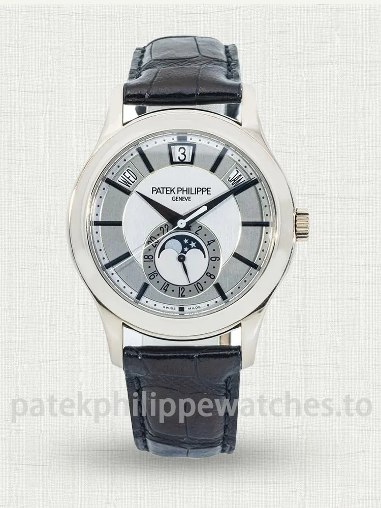 Patek Philippe Complications 5205G-001 Replica 40mm Automatic Men's Annual Calendar Dress Watch with Silver & Rhodium Dial-Main Image Patek Philippe Complications 5205G-001 Replica 40mm Automatic Men's Annual Calendar Dress Watch with Silver & Rhodium Dial-Main Image