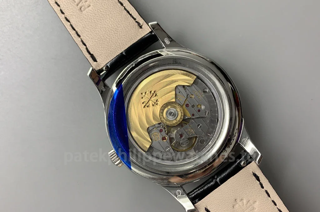 Patek Philippe Complications 5205G-013 Replica 40mm men's automatic watch exhibition case back with visible mechanical movement and black leather strap