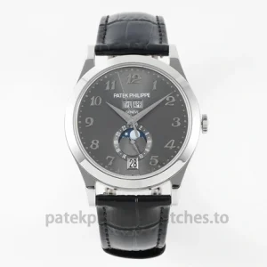 ```html Product Title Patek Philippe Complications 5396G-014 Replica 38.5mm – White-Gold-Tone 904L Steel, Charcoal Sunburst Dial, Clone Cal. 324 S QA LU 24H/303, Black Alligator Strap Movement At the center of this 5396G-014 configuration is a clone Cal. 324 S QA LU 24H/303 automatic annual-calendar movement. Its calendar architecture is presented through a highly ordered display: day and month occupy twin apertures beneath 12 o’clock, while the lower section combines moon phase, a 24-hour indication and a separate date window at 6 o’clock. The functions are arranged along a strict vertical axis, allowing the movement’s calendar information to remain clear without compromising the restrained character of the dial. Movement Type: Automatic mechanical annual-calendar movement Calibre: Clone Cal. 324 S QA LU 24H/303 Functions: Hours, minutes, day, month, date, moon phase and 24-hour indication Day & Month: Twin apertures below 12 o’clock Moon Phase & 24-Hour Display: Lower central sector Date Display: Separate aperture at 6 o’clock Case & Construction The 38.5mm round case is constructed from white-gold-tone 904L stainless steel and follows a traditional Calatrava-style dress-watch profile. The middle case remains visually slim, while short lugs curve gently downward to create a compact and balanced silhouette on the wrist. High-polish finishing dominates the exterior, producing clean reflections across the case sides, lugs and transitions. The absence of heavy sports-watch architecture keeps the construction deliberately restrained. A transparent sapphire crystal caseback provides a view of the automatic mechanical movement. Case Diameter: 38.5mm Case Material: White-gold-tone 904L stainless steel Case Shape: Round Calatrava-style profile Finishing: High-polish / mirror-polished surfaces Lugs: Short, gently downward-curving design Caseback: Sapphire crystal exhibition caseback Dial The charcoal-grey sunburst dial changes character with the light, moving visually from deep graphite tones toward softer silver-grey highlights. This radial finish gives depth to an otherwise highly classical and symmetrical composition. Applied Breguet-style Arabic numerals in a white-metal tone are paired with faceted Dauphine-style hour and minute hands. A fine peripheral dotted minute track frames the dial without adding visual weight. Beneath 12 o’clock, the day and month apertures form a precise horizontal pair, while the moon phase, 24-hour indication and date are aligned vertically toward 6 o’clock. Dial Color: Charcoal / deep grey Dial Finish: Sunburst Color Character: Deep grey to silver-grey depending on light Hour Markers: Applied Breguet-style Arabic numerals Hands: Faceted Dauphine-style hour and minute hands Minute Track: Fine peripheral dot markers Day & Month: Twin apertures below 12 o’clock Moon Phase: Lower central display 24-Hour Indication: Integrated into the lower display Date Window: Separate aperture at 6 o’clock Bezel The white-gold-tone 904L stainless-steel bezel is narrow, smooth and deliberately free of functional markings. Its gently sloping profile transitions cleanly from the sapphire crystal toward the case, making the 38.5mm watch appear visually slimmer. Mirror polishing provides the bezel with a clear reflective edge while leaving the complicated dial as the principal focus. With no scale, gemstone setting or exposed decorative screws, its role is purely architectural. Material: White-gold-tone 904L stainless steel Shape: Round, narrow-profile bezel Surface Finish: High-polish / mirror finish Profile: Gently sloping Bezel Scale: None Visible Bezel Screws: None Strap A black large-scale alligator leather strap complements the charcoal dial and polished white-metal-tone case. Its traditional texture reinforces the formal character of the 5396G-style design while providing a flexible alternative to a metal bracelet. Combined with the restrained 38.5mm case, the dark leather gives the watch a refined wrist presence suited to business, formal occasions and understated everyday wear. Material: Alligator leather Pattern: Large-scale texture Color: Black Wearing Character: Flexible, refined and dress-oriented Specification Table Specification Details Model 5396G-014 Replica Movement Clone Cal. 324 S QA LU 24H/303 Automatic Annual Calendar Functions Hours, Minutes, Day, Month, Date, Moon Phase, 24-Hour Indication Case Diameter 38.5mm Case Material White-Gold-Tone 904L Stainless Steel Dial Charcoal-Grey Sunburst Dial Hour Markers Applied Breguet-Style Arabic Numerals Hands Faceted Dauphine-Style Hands Bezel White-Gold-Tone 904L Stainless Steel, Smooth Polished Sloping Bezel Crystal Sapphire Crystal with Colorless Anti-Reflective Coating Caseback Sapphire Crystal Exhibition Caseback Strap Black Large-Scale Alligator Leather Strap Water Resistance 30m Water Resistance Notice: Professional pressure test recommended before water exposure. Do not operate crown or pushers underwater. Buyer FAQ 1. How does the charcoal sunburst dial look under different lighting? The charcoal sunburst finish responds noticeably to changes in light and viewing angle. In softer light it appears deep graphite grey, while stronger reflections can reveal lighter silver-grey tones across the radial surface. 2. What information does the annual-calendar dial display? The dial displays the day, month and date together with a moon-phase display and 24-hour indication. The day and month appear through twin apertures beneath 12 o’clock, while the remaining calendar information is arranged symmetrically toward 6 o’clock. 3. How does the 38.5mm case wear on the wrist? The 38.5mm diameter gives the watch a restrained, traditional dress-watch presence. Short downward-curving lugs keep the overall profile compact, while the narrow polished bezel allows the dial to occupy a generous portion of the visible surface. 4. Can I swim or shower while wearing this watch? The stated water-resistance specification is 30 meters. Professional pressure testing is recommended before any water exposure. Do not operate the crown or pushers underwater. ```