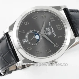 Patek Philippe Complications 5396G-014 Replica – White-Gold-Tone 904L Steel, Charcoal Sunburst Dial, Black Alligator StrapFront view3
