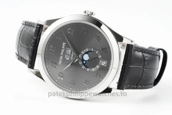 Patek Philippe Complications 5396G-014 Replica – White-Gold-Tone 904L Steel, Charcoal Sunburst Dial, Black Alligator StrapFront view4
