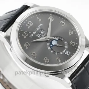 Patek Philippe Complications 5396G-014 Replica – White-Gold-Tone 904L Steel, Charcoal Sunburst Dial, Black Alligator StrapFront view5