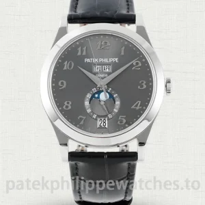 Patek Philippe Complications 5396G-014 Replica – White-Gold-Tone 904L Steel, Charcoal Sunburst Dial, Black Alligator StrapMain product image