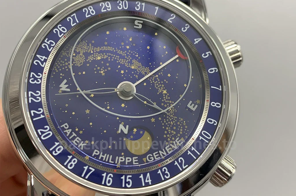 Patek Philippe Grand Complications 6102P-001 Replica 44mm men's celestial watch with blue sky chart dial, star map, moon phase and date display