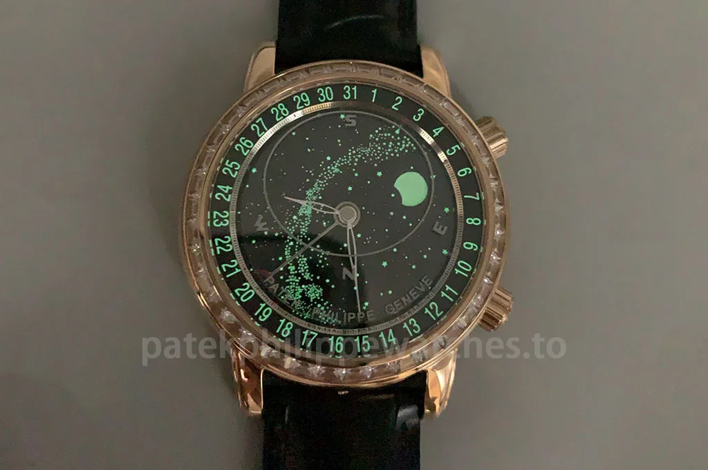 Patek Philippe Grand Complications 6104R-001 Super Clone 44mm men's celestial watch with black sky chart dial and moon phase display