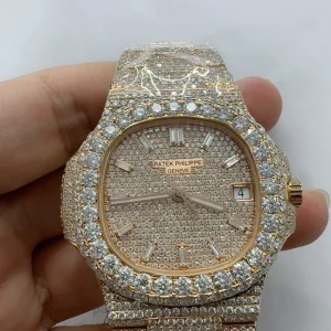 Patek Philippe Nautilus 5711-1R 001 Replica Rose Gold Tone 904 Steel Full Iced Diamond Front view1