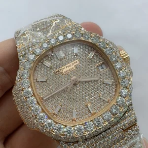 Patek Philippe Nautilus 5711-1R 001 Replica Rose Gold Tone 904 Steel Full Iced Diamond Front view2