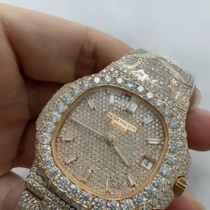 Patek Philippe Nautilus 5711-1R 001 Replica Rose Gold Tone 904 Steel Full Iced Diamond Front view3