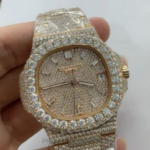 Patek Philippe Nautilus 5711-1R 001 Replica Rose Gold Tone 904 Steel Full Iced Diamond Front view4