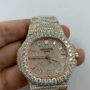 Patek Philippe Nautilus 5711-1R 001 Replica Rose Gold Tone 904 Steel Full Iced Diamond Front view5