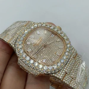 Patek Philippe Nautilus 5711-1R 001 Replica Rose Gold Tone 904 Steel Full Iced Diamond Left case profile