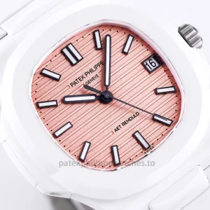 Patek Philippe Nautilus 5711 AET REMOULD Spiaggia Rosa Replica – 40mm White Ceramic, Pink Horizontal Dial Front view4