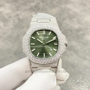 Patek Philippe Nautilus 5711 Replica Blue Gradient Dial, Pavé Case & Bezel Stone-Set Steel BraceletFront view1