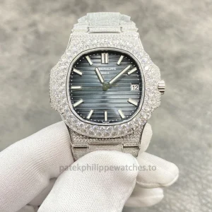 Patek Philippe Nautilus 5711 Replica Blue Gradient Dial, Pavé Case & Bezel Stone-Set Steel BraceletFront view1