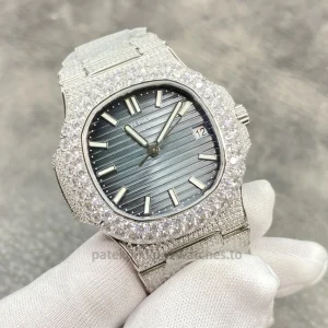 Patek Philippe Nautilus 5711 Replica Blue Gradient Dial, Pavé Case & Bezel Stone-Set Steel BraceletFront view2