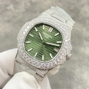 Patek Philippe Nautilus 5711 Replica Blue Gradient Dial, Pavé Case & Bezel Stone-Set Steel BraceletFront view3