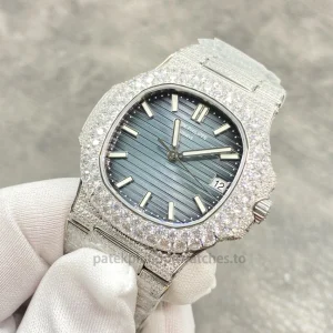 Patek Philippe Nautilus 5711 Replica Blue Gradient Dial, Pavé Case & Bezel Stone-Set Steel BraceletFront view3