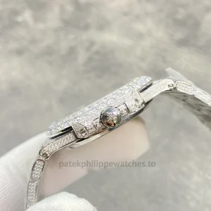 Patek Philippe Nautilus 5711 Replica Blue Gradient Dial, Pavé Case & Bezel Stone-Set Steel BraceletRight case profile