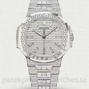 Patek Philippe Nautilus 5711 Replica Full Diamond-Style – 40mm 904L Stainless Steel, Pavé Silver Dial, Baguette-Set Bezel & BraceletMain product image