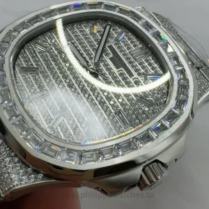 Patek Philippe Nautilus 5711 Replica Full Diamond-Style – 40mm 904L Stainless Steel, Pavé Silver Dial, Baguette-Set Bezel & BraceletRight case profile