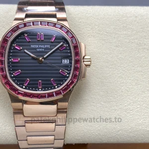 Patek Philippe Nautilus 5711 Replica – 40mm Rose-Gold-Tone 904L Steel, Brown Dial, Ruby-Set Bezel 9