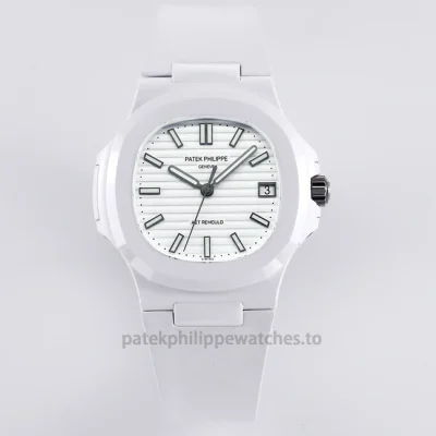 Patek Philippe Nautilus 5711 Replica – AET REMOULD-Style White Ceramic 40.8mm, White Horizontal Dial, White Rubber StrapFront view1