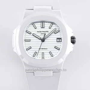 Patek Philippe Nautilus 5711 Replica – AET REMOULD-Style White Ceramic 40.8mm, White Horizontal Dial, White Rubber StrapFront view2