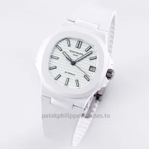 Patek Philippe Nautilus 5711 Replica – AET REMOULD-Style White Ceramic 40.8mm, White Horizontal Dial, White Rubber StrapFront view3