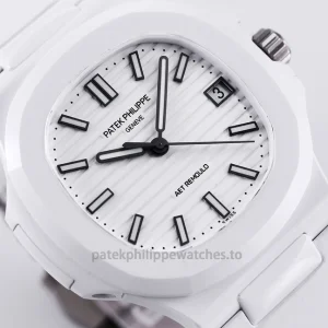 Patek Philippe Nautilus 5711 Replica – AET REMOULD-Style White Ceramic 40.8mm, White Horizontal Dial, White Rubber StrapFront view4
