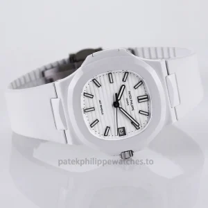 Patek Philippe Nautilus 5711 Replica – AET REMOULD-Style White Ceramic 40.8mm, White Horizontal Dial, White Rubber StrapFront view5