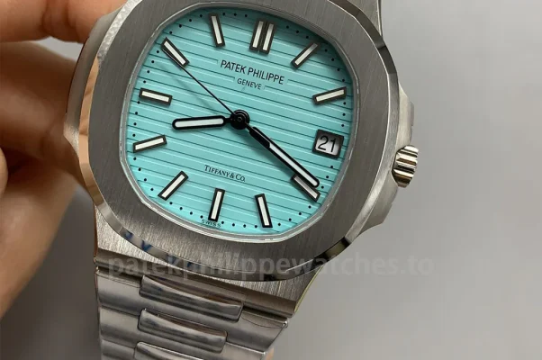 Patek Philippe Nautilus 5711/1A-018 Super Clone 40mm men's watch with Tiffany Blue dial and automatic movement close-up view.