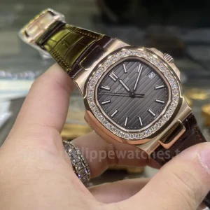 Patek-Philippe-Nautilus-57111R-001-Super-Clone-40mm-Mens-Automatic-Watch-Gray-Dial-Rose-Gold-Case-Diamond-Bezel-Brown-Leather-Strap-Dial-Detail-3