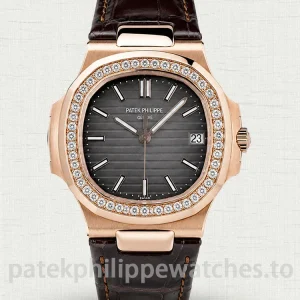 Patek-Philippe-Nautilus-57111R-001-Super-Clone-40mm-Mens-Automatic-Watch-Gray-Dial-Rose-Gold-Case-Diamond-Bezel-Brown-Leather-Strap-Main-Image