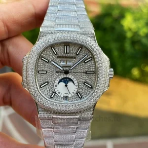 Patek Philippe Nautilus 5726-1A Replica 40.5mm – 904L Steel Full Pavé Annual Calendar Stainless Steel BraceletFront view1