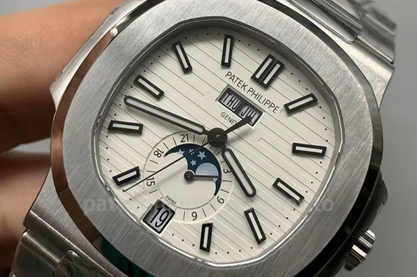 Patek Philippe Nautilus 5726/1A-010 Replica 40.5mm automatic annual calendar watch with silver dial, moon phase display, and stainless steel bracelet