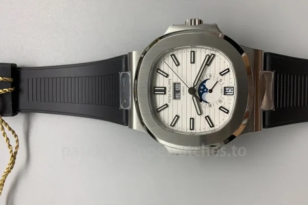 Patek Philippe Nautilus 5726/1A-010 Replica 40.5mm Silver White Dial Men's Automatic Watch with Black Rubber Strap