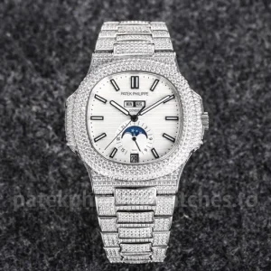 Patek-Philippe-Nautilus-57261A-010-Replica-–-40.5mm-White-Dial-Annual-Calendar-Automatic-Luxury-Sports-Watch-with-Moon-Phase-Front-View
