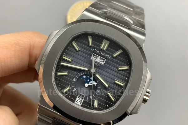 Patek Philippe Nautilus 5726/1A-014 Super Clone 40.5mm men's annual calendar moon phase watch with blue grey gradient dial and stainless steel bracelet
