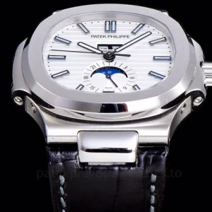 Patek Philippe Nautilus 5726A-001 Replica Silver-Grey Dial Black Alligator StrapFront view2