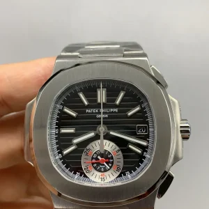 Patek-Philippe-Nautilus-59801A-014-Replica-40.5mm-Mens-Automatic-Flyback-Chronograph-Watch-with-Black-Gradient-Dial-Stainless-Steel-Bracelet-Front-View